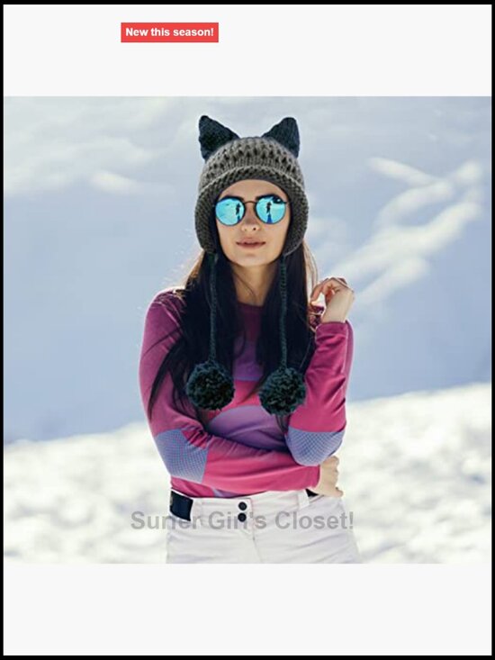 Handmade Crochet Cat Ear Beanie with Ear Flap Pompom Y2K Gothic Winter Hat